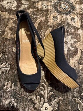 Report Black Peep-Toe Wedge Heels with Ankle Tie